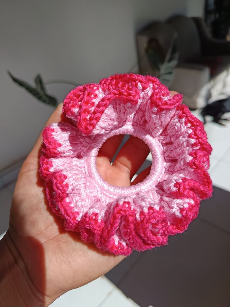 Handmade Crochet Ruffle Hair Scrunchie – Pink Floral Style Elastic Hair Tie