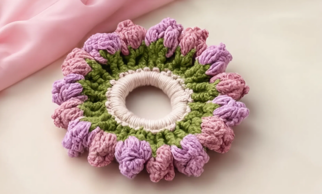 Handmade Lavender Bloom Crochet Scrunchie – Floral Hair Tie | Aesthetic Pastel Hair Accessory for Women & Girls