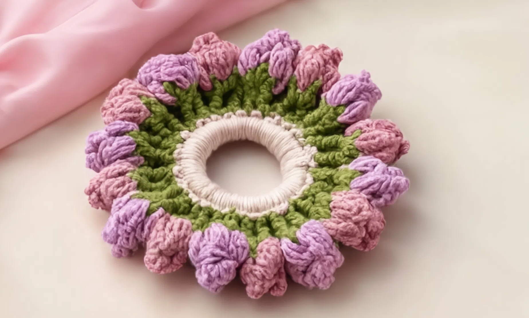 Handmade Lavender Bloom Crochet Scrunchie – Floral Hair Tie | Aesthetic Pastel Hair Accessory for Women & Girls