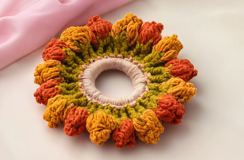 Handmade Autumn Bloom Crochet Scrunchie – Mustard & Terracotta Floral Hair Tie | Boho Hair Accessory for Women & Girls
