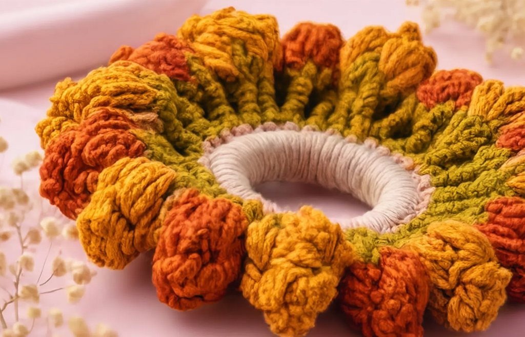 Handmade Autumn Bloom Crochet Scrunchie – Mustard & Terracotta Floral Hair Tie | Boho Hair Accessory for Women & Girls