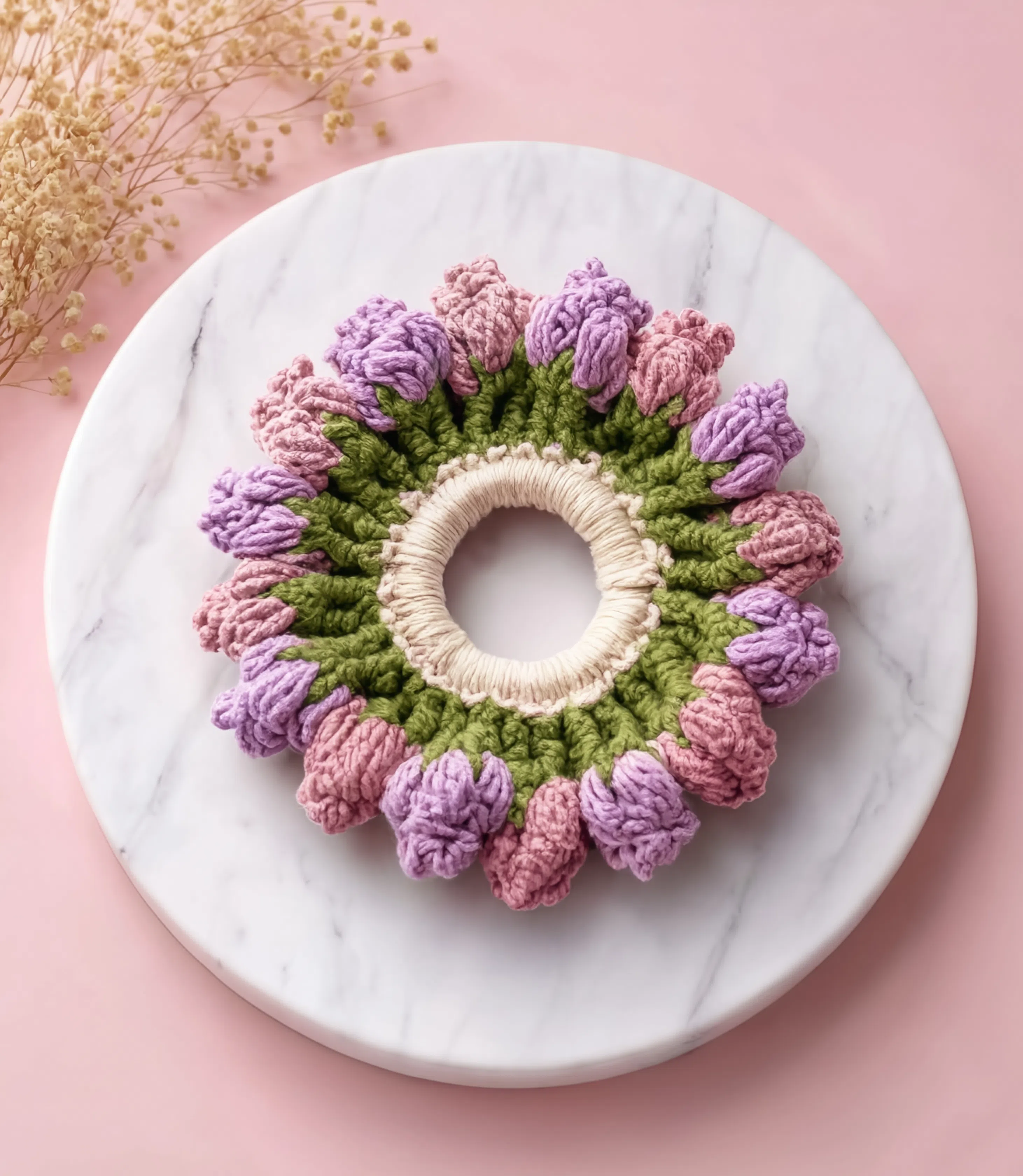 Handmade Lavender Bloom Crochet Scrunchie – Floral Hair Tie | Aesthetic Pastel Hair Accessory for Women & Girls