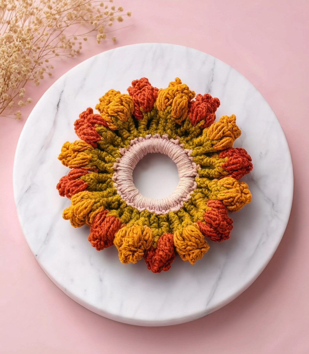 Handmade Autumn Bloom Crochet Scrunchie – Mustard & Terracotta Floral Hair Tie | Boho Hair Accessory for Women & Girls