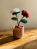 Handmade Crochet Rose Flower Pot Decor | Red & White Knitted Roses | Aesthetic Home & Desk Decoration | Unique Gift